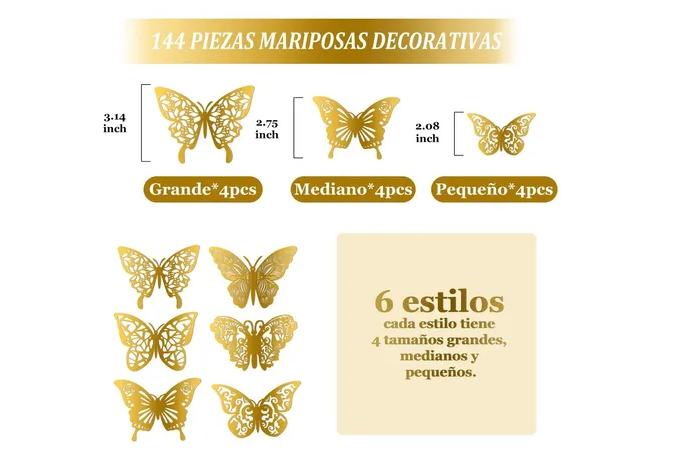 Foto 4 pulgar | Xtellar 144pcs Colección Premium De Mariposas Decorativas 3d Metálicas Para Pared, Estilo Hueco Y Realista