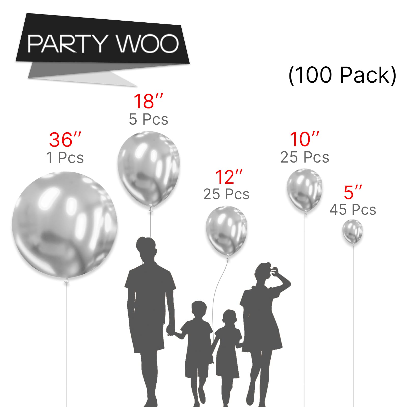 Foto 2 | Globos Partywoo De Plata Metalizada, 100 Unidades, Diferentes Tamaños - Venta Internacional.