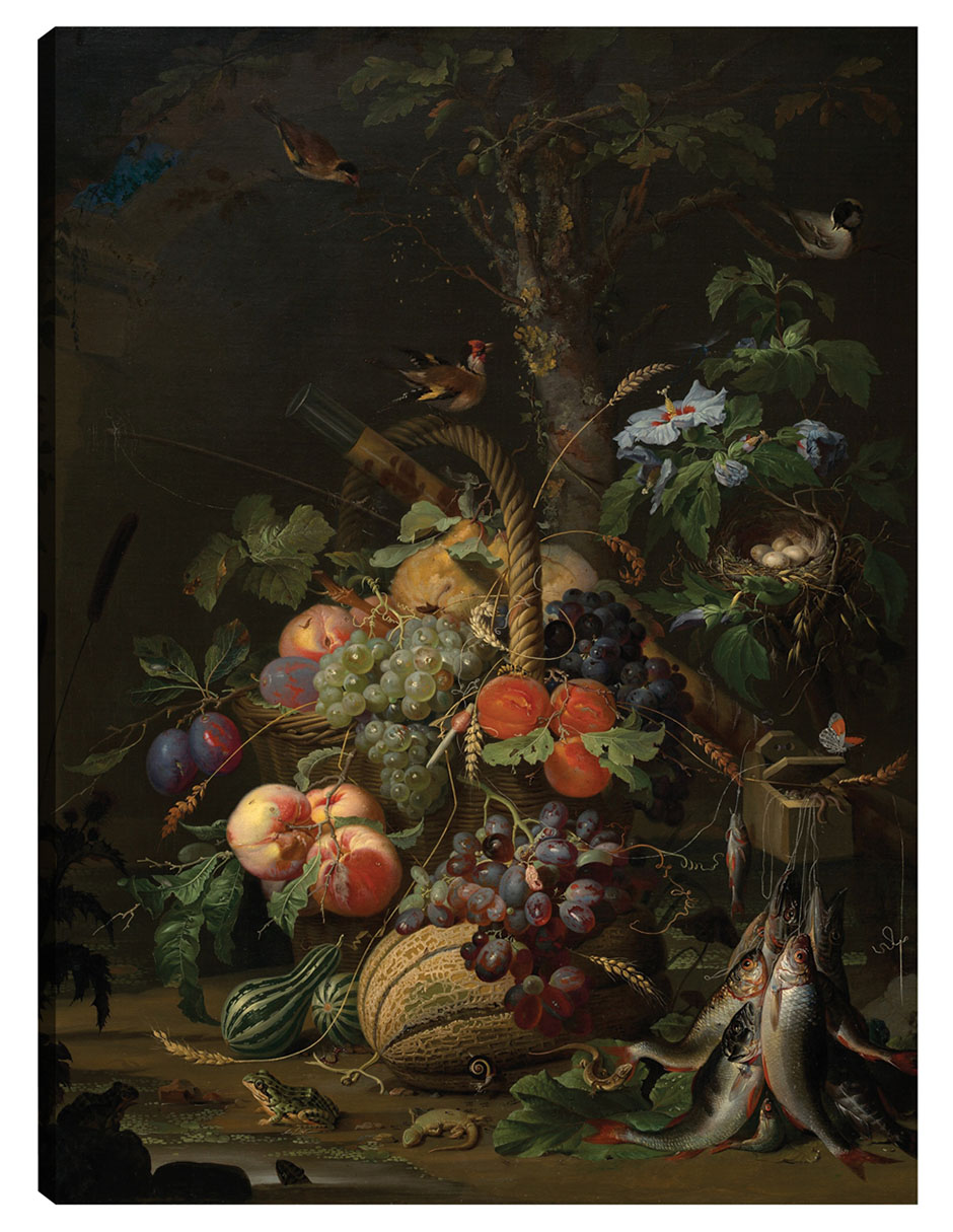 Cuadro Decorativo - Naturaleza Muerta Con Frutas, Peces Y Un Nido.- Abraham Mignon - Floral - 69x92 - Fine Art Tj