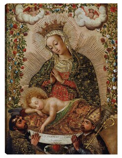 Foto 1 | Cuadro Decorativo - La Virgen Adorando Al Niño Jesús Con Dos Santos (siglo Xviii)- Cuzco School - Religión -
