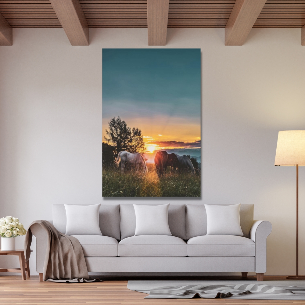 Cuadro Decorativo Paisaje Caballos 143cm X 89cm Marco Madera