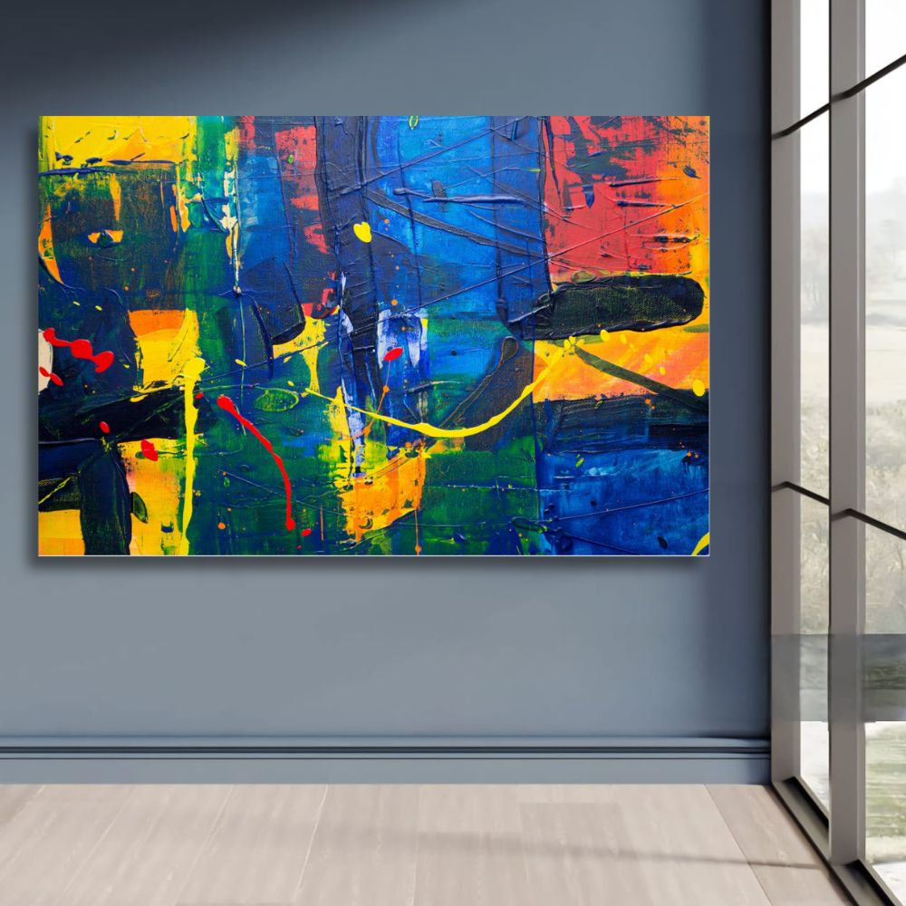 Foto 1 | Cuadro Decorativo Abstracto Azul/amarillo/verde/naranja 143cm X 89cm Tela Brillante Marco Madera