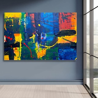 Foto 1 | Cuadro Decorativo Abstracto Azul/amarillo/verde/naranja 143cm X 89cm Tela Brillante Marco Madera