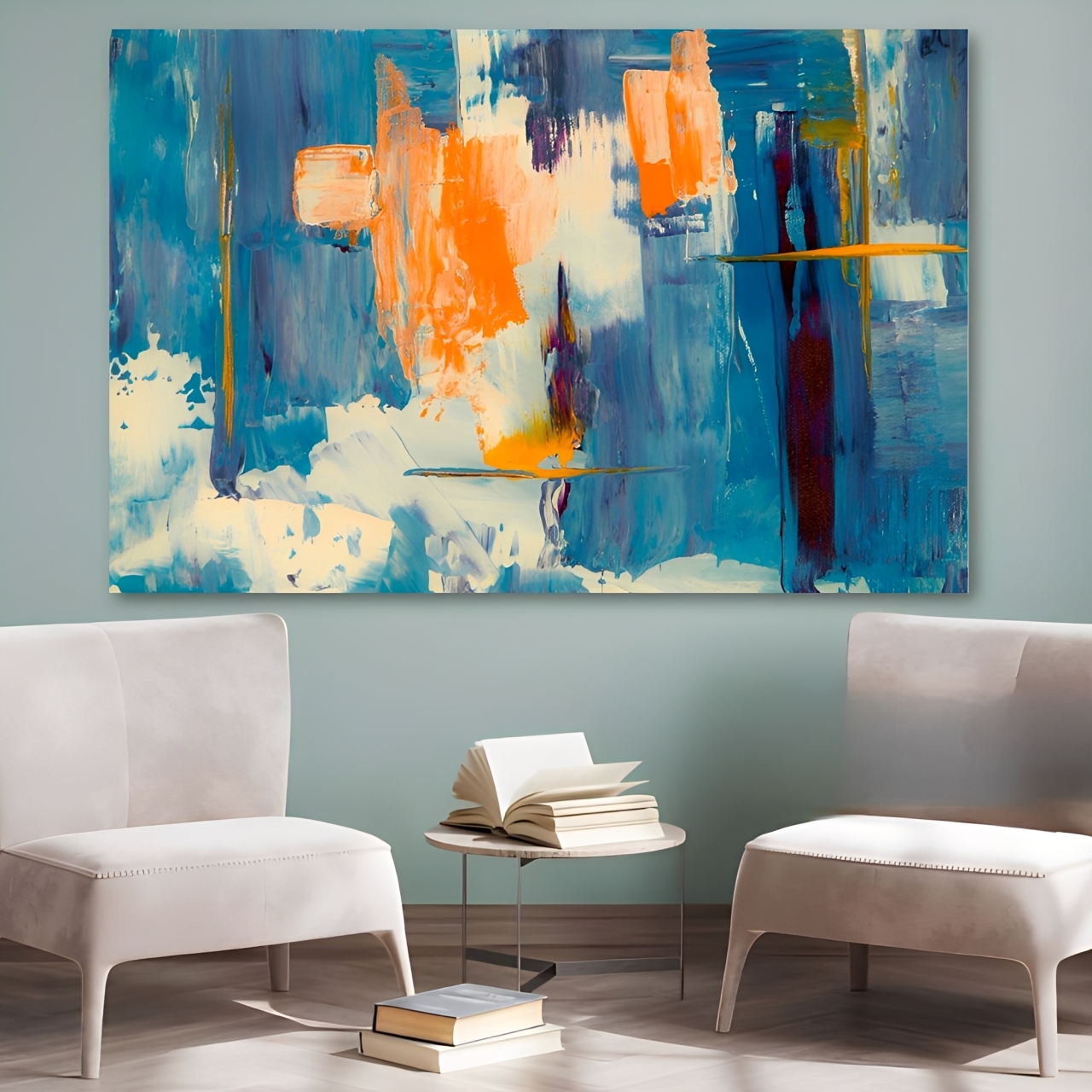 Cuadro Decorativo Abstracto Azul/naranja  143cm X 89cm Tela Brillante Marco Madera