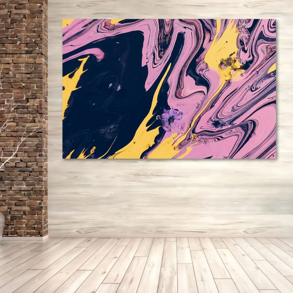 Cuadro Decorativo Abstracto Lavanda/amarillo/azul 143cm X 89cm Tela Brillante Marco Madera