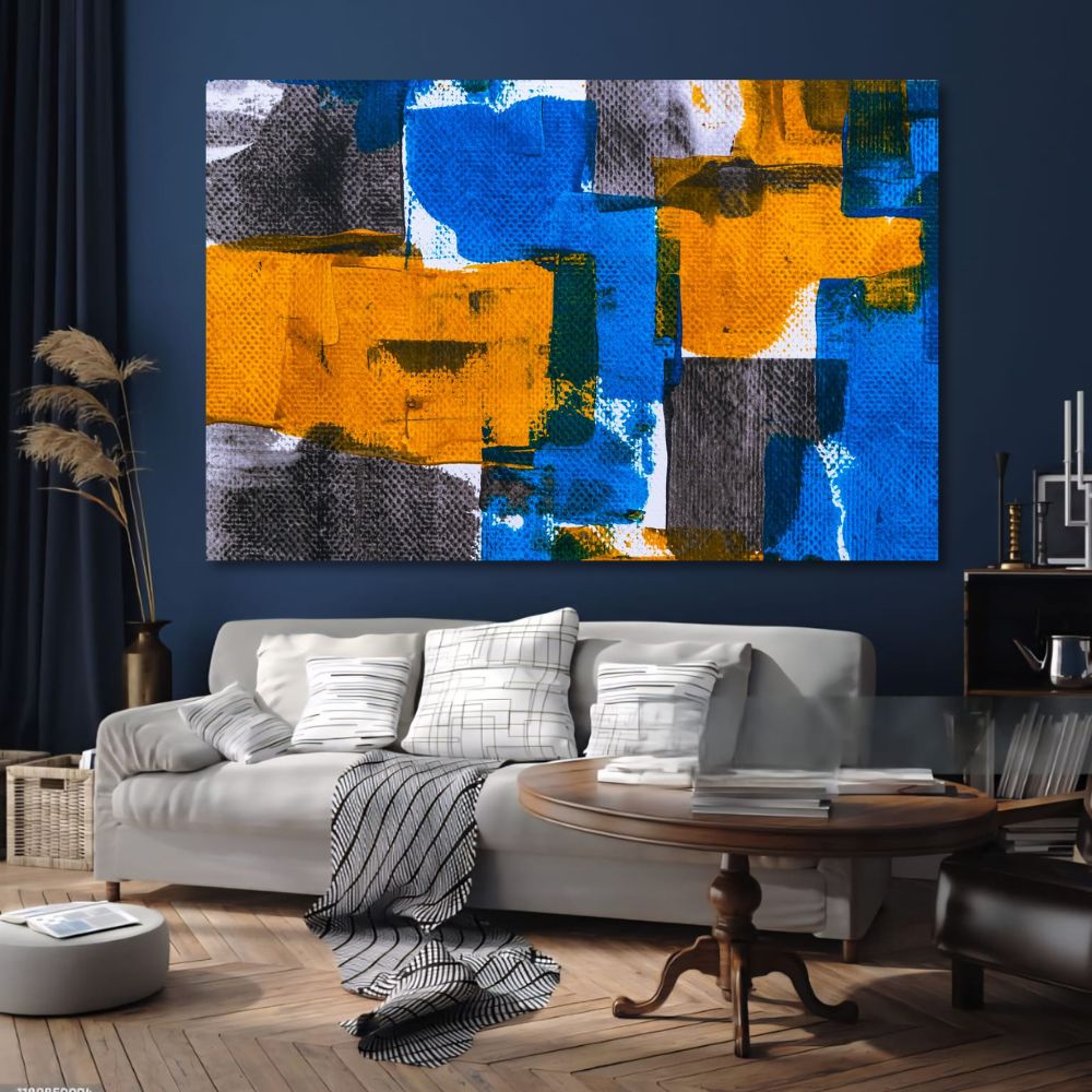 Cuadro Decorativo Abstracto Azul/amarillo 143cm X 89cm Tela Brillante Marco Madera