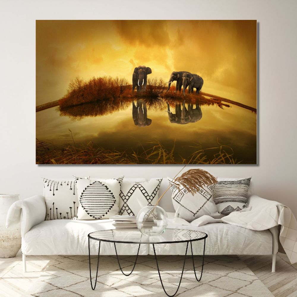 Cuadro Decorativo Animales Elefantes 143cm X 89cm Tela Brillante Marco Madera