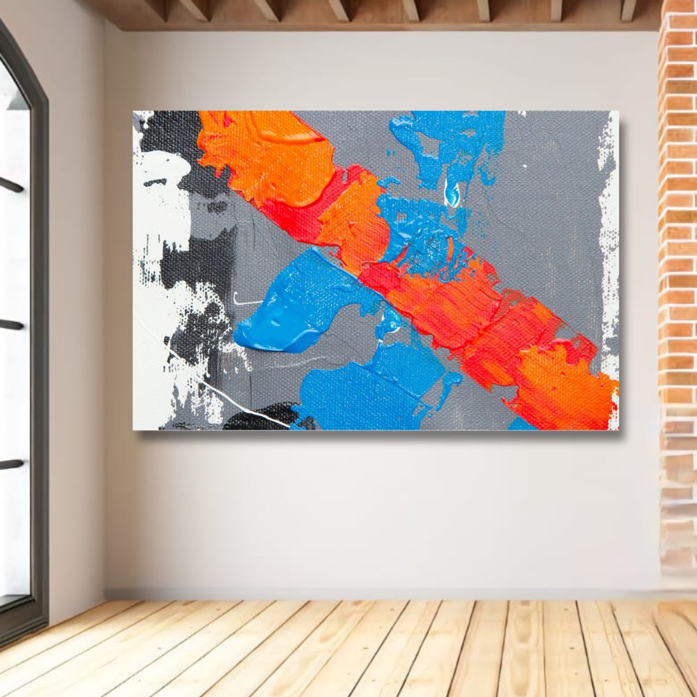 Cuadro Decorativo Abstracto Gris/azul/naranja 143cm X 89cm Tela Brillante Marco Madera