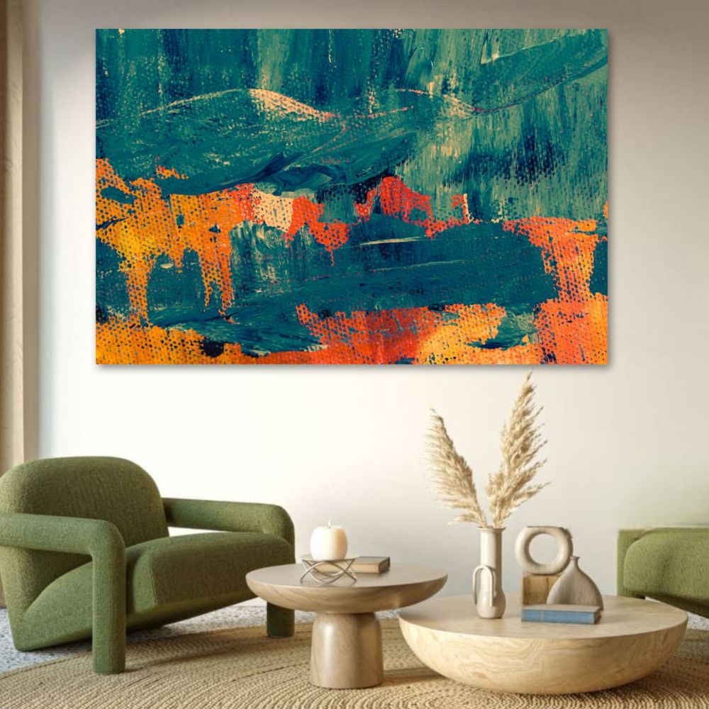 Cuadro Decorativo Abstracto Verde/naranja 143cm X 89cm Tela Brillante Marco Madera