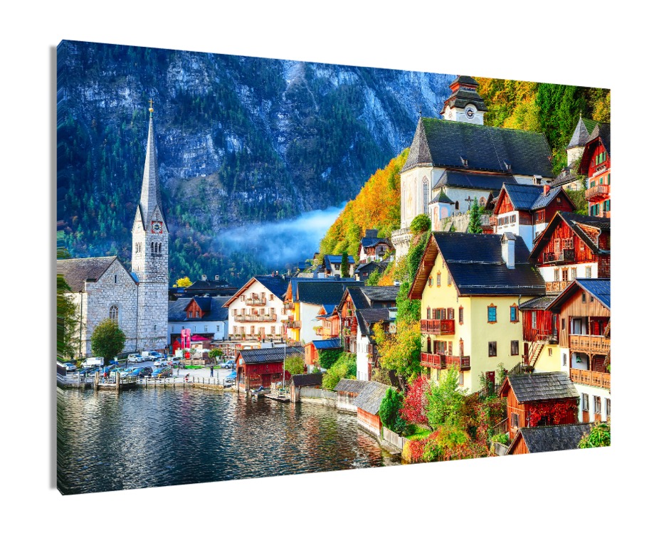 Foto 2 pulgar | Cuadro Decorativo Entelado 100X150cm Amanecer Otoñal en Austria Hallstatt, Reflejo en el Lago