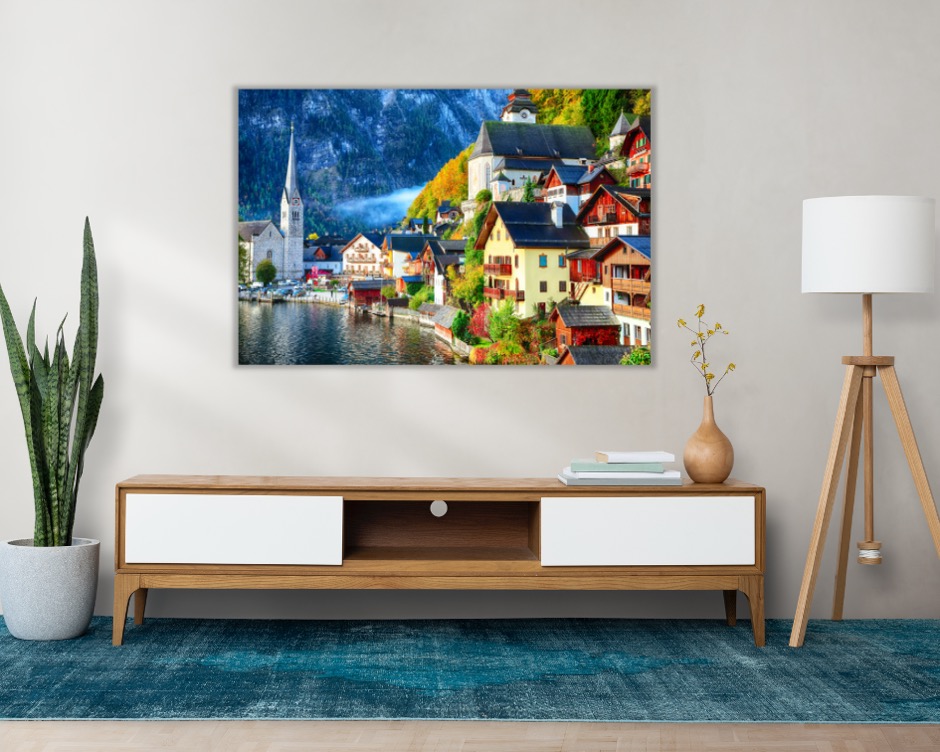 Foto 3 pulgar | Cuadro Decorativo Entelado 100X150cm Amanecer Otoñal en Austria Hallstatt, Reflejo en el Lago