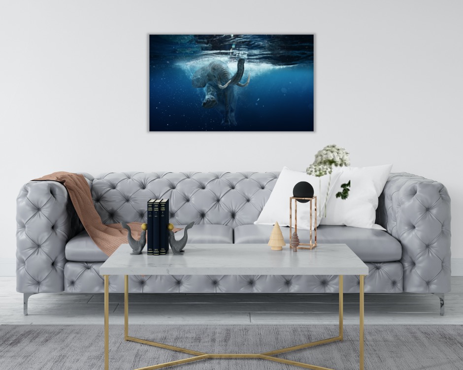 Foto 3 pulgar | Cuadro Decorativo Entelado 70x120cm Elefante Africano Nadando bajo el Agua Magia y Naturaleza