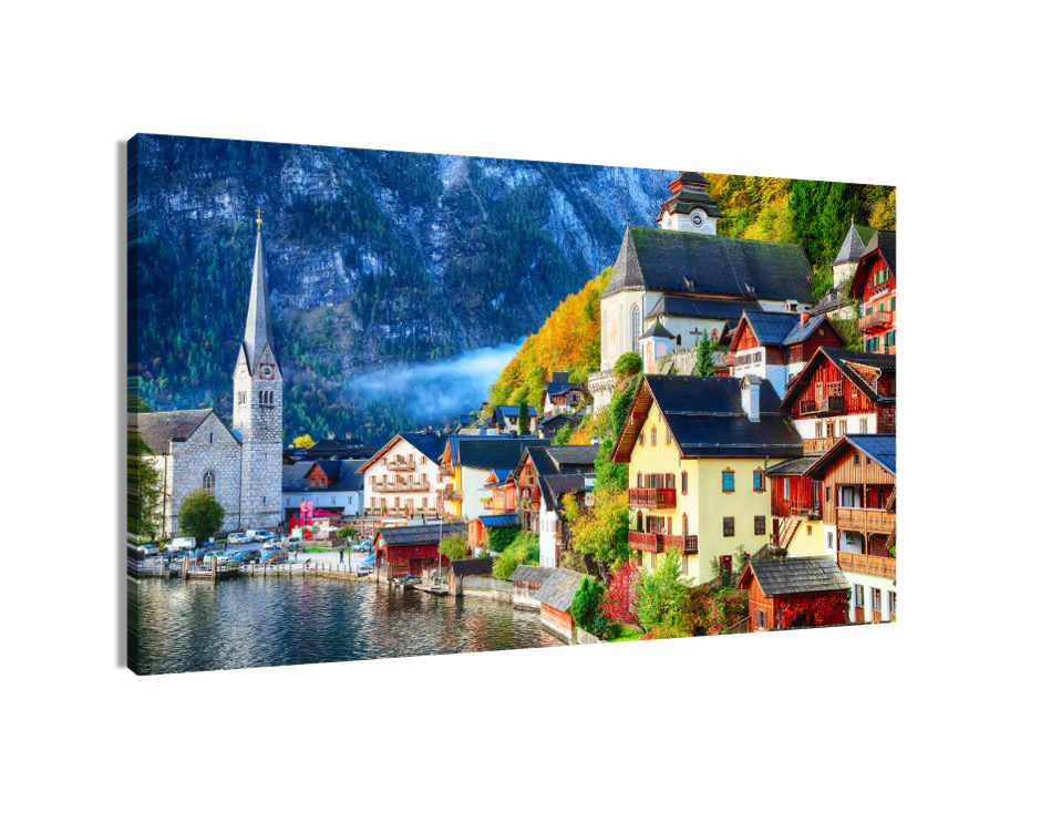 Cuadro Decorativo Entelado 70x120cm Amanecer Otoñal en Hallstatt, Reflejo en el Lago
