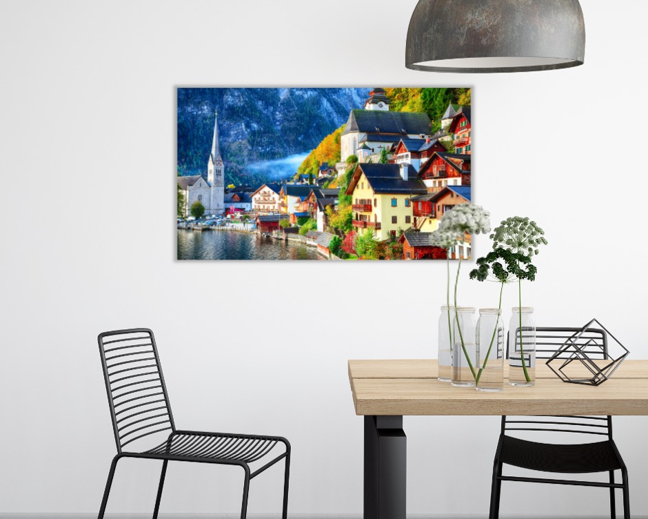 Foto 3 pulgar | Cuadro Decorativo Entelado 70x120cm Amanecer Otoñal en Hallstatt, Reflejo en el Lago