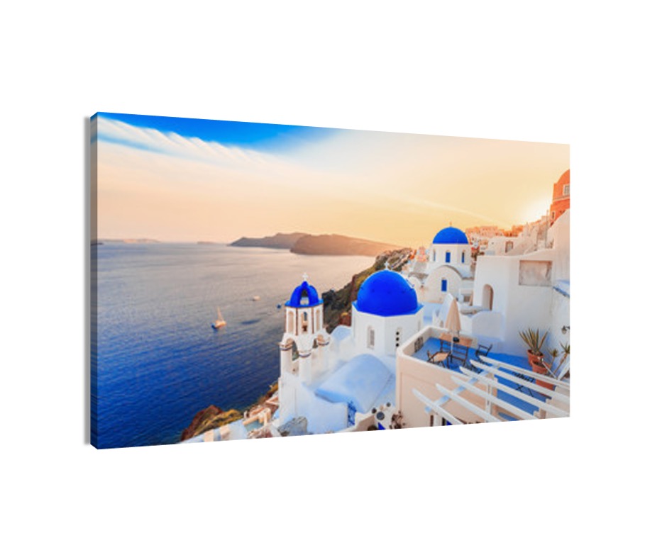 Foto 2 pulgar | Cuadro Decorativo Entelado 70x120cm Atardecer en Santorini, Arquitectura Blanca y Mar Azul en Grecia