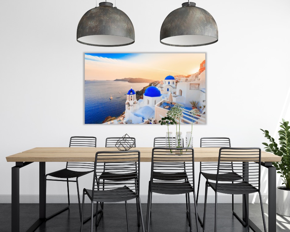 Foto 3 pulgar | Cuadro Decorativo Entelado 70x120cm Atardecer en Santorini, Arquitectura Blanca y Mar Azul en Grecia