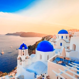 Foto 3 | Cuadro Decorativo Entelado 70x120cm Atardecer en Santorini, Arquitectura Blanca y Mar Azul en Grecia