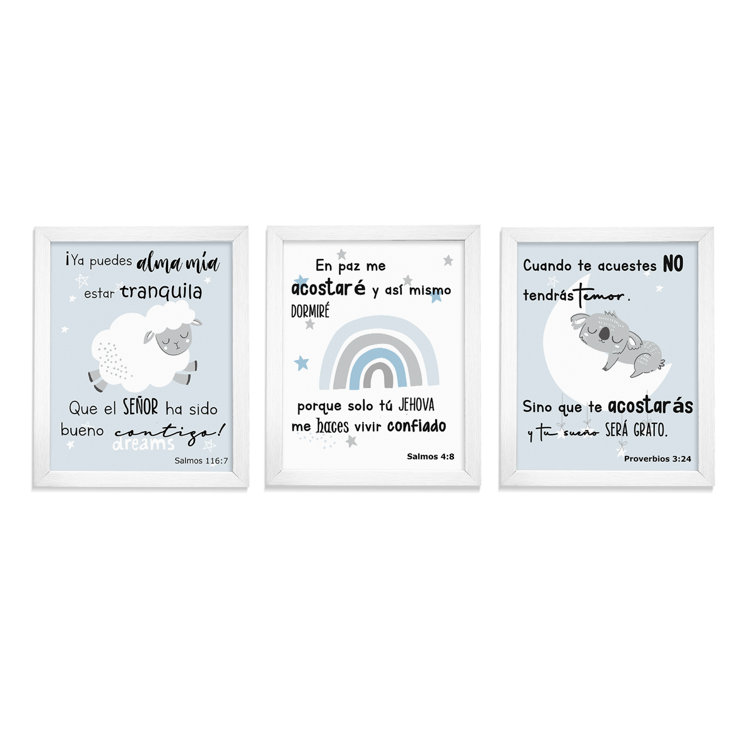 Set de 3 Cuadros Decorativos Paspartu Frames Versículos color Blanco para Niños