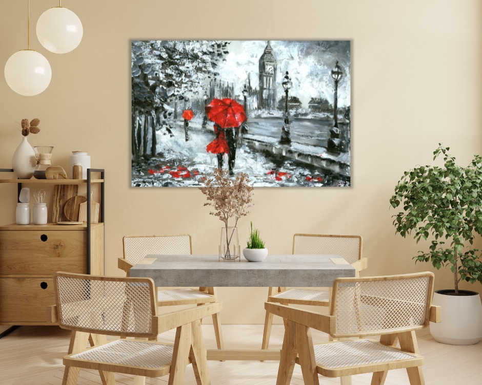 Foto 2 | Cuadro Decorativo Entelado 100X150cm Vista de Londres en Pintura al Óleo, Big Ben en Blanco, Negro y Rojo