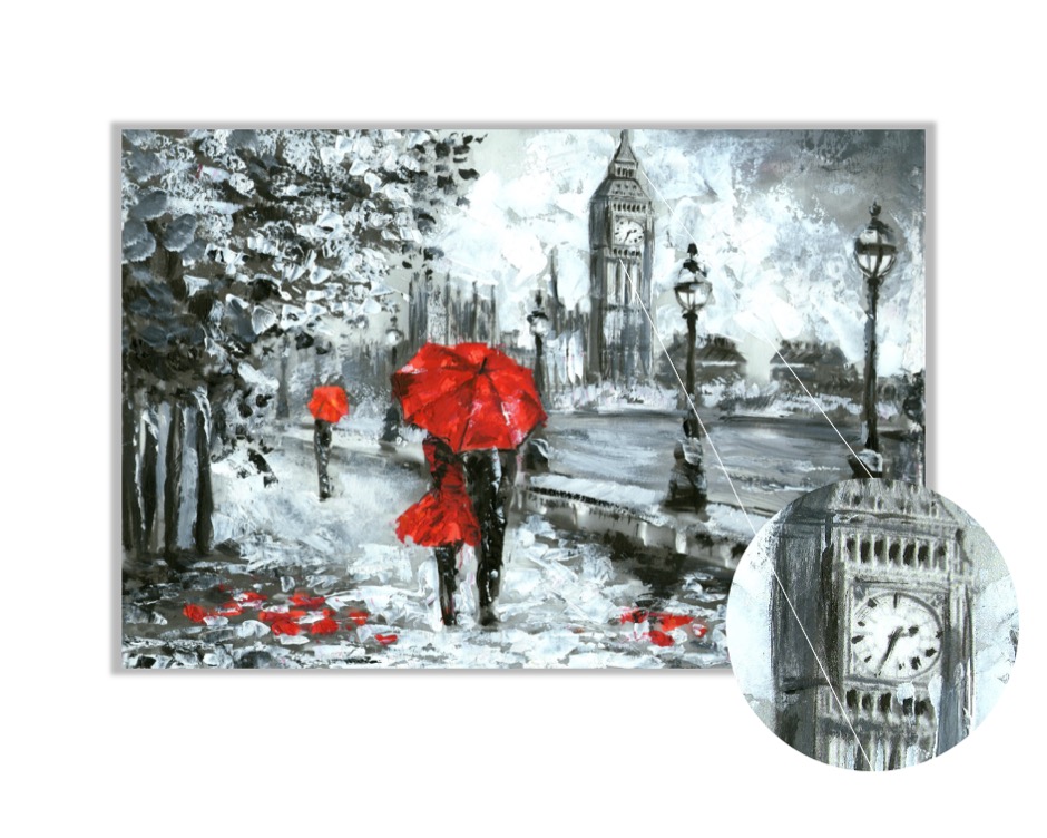 Foto 4 pulgar | Cuadro Decorativo Entelado 100X150cm Vista de Londres en Pintura al Óleo, Big Ben en Blanco, Negro y Rojo