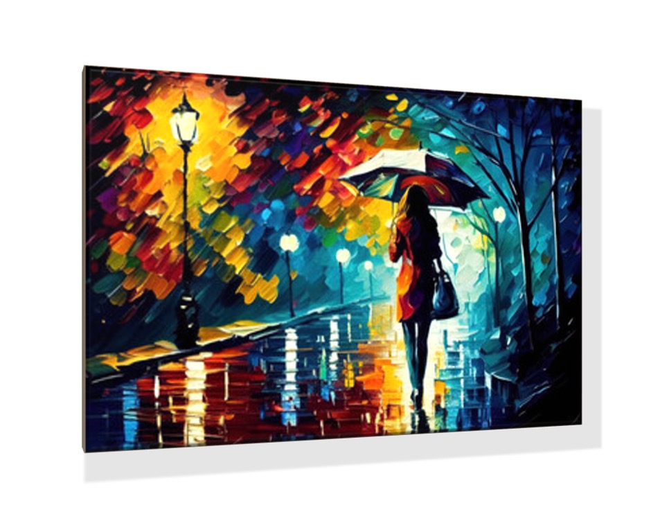 Cuadro Decorativo Entelado Mujer Caminando en un Día Lluvioso 60X90cm