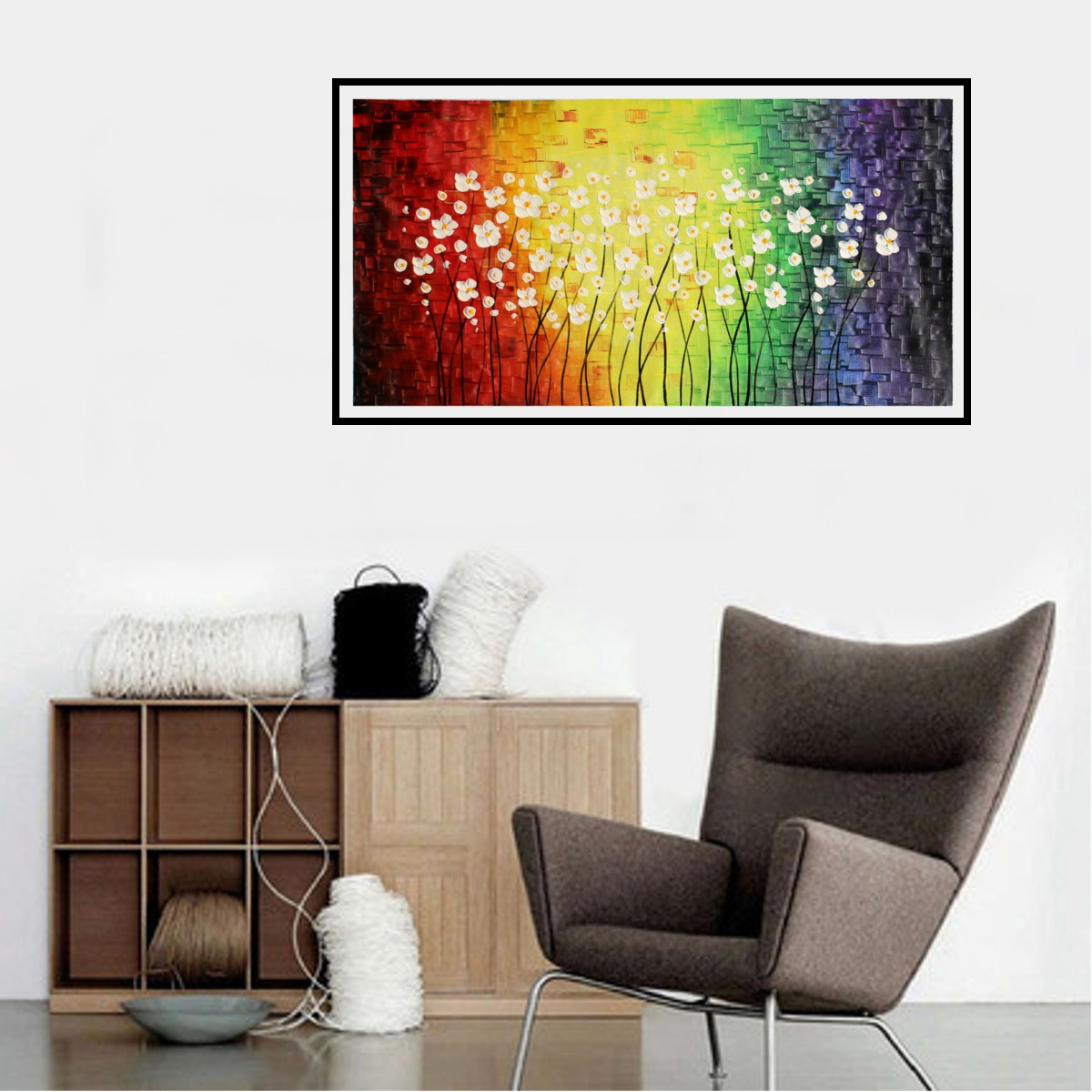 Pintura Mural Con Flores Coloridas, 60 X 120 Cm - Venta Internacional.