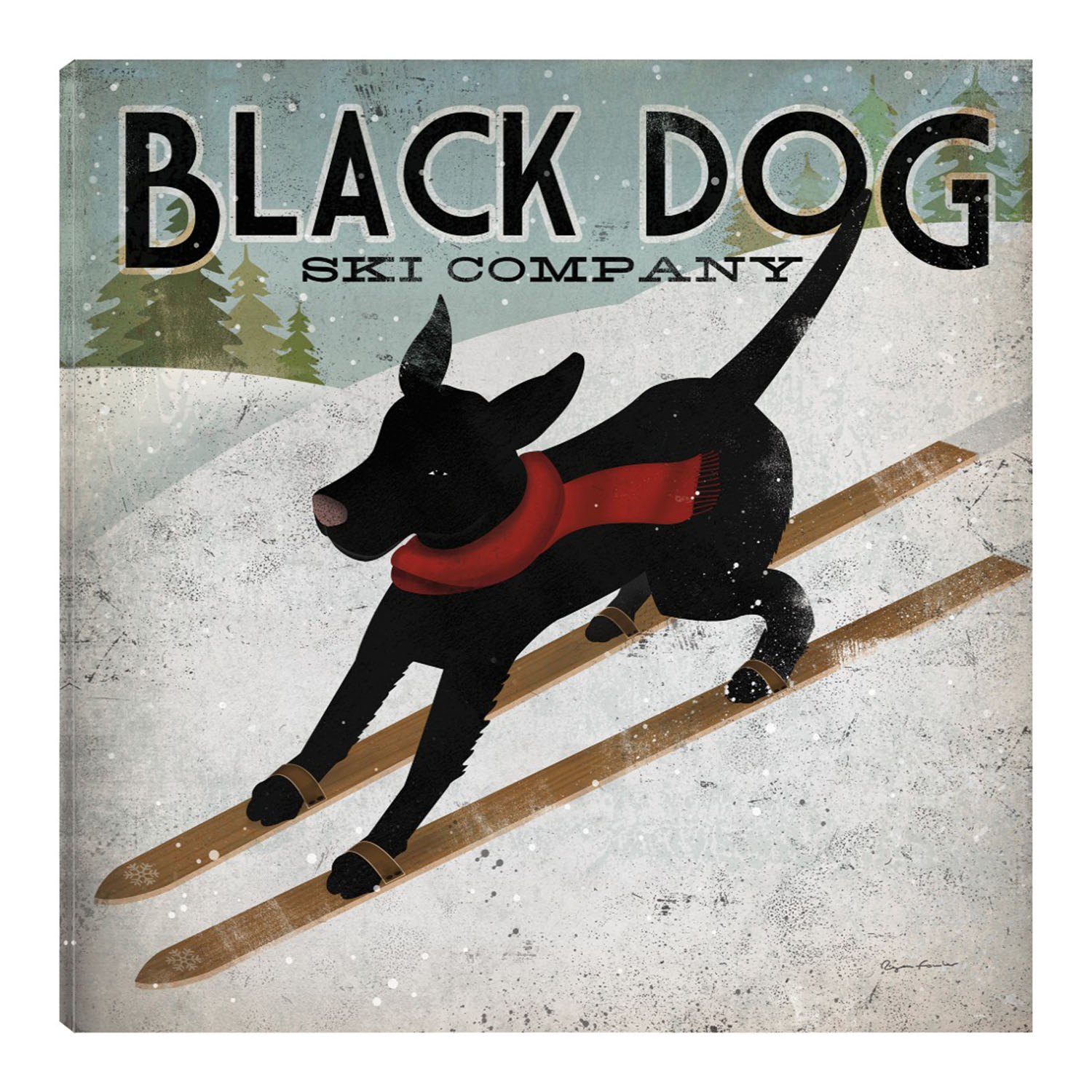 Foto 1 | Cuadro Decorativo Fine Art Tj Perro Negro Esquiando Ryan Fowler Arte Animales Impresión en Lienzo