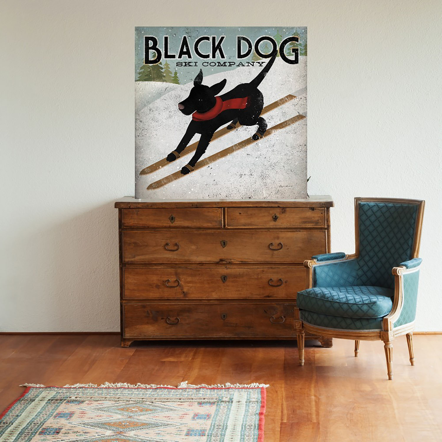Foto 2 | Cuadro Decorativo Fine Art Tj Perro Negro Esquiando Ryan Fowler Arte Animales Impresión en Lienzo