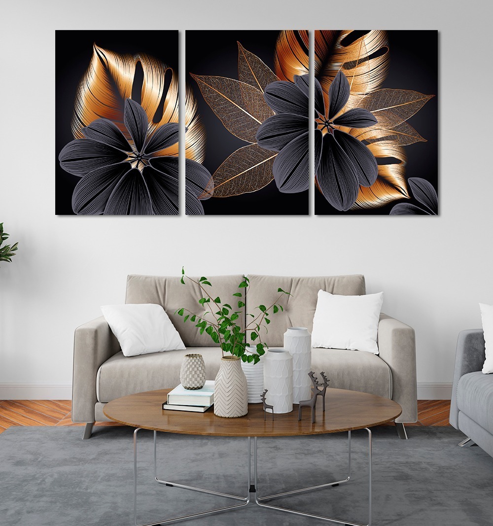 Set Cuadros Hojas Doradas Canvas Decorativos Modernos Minima