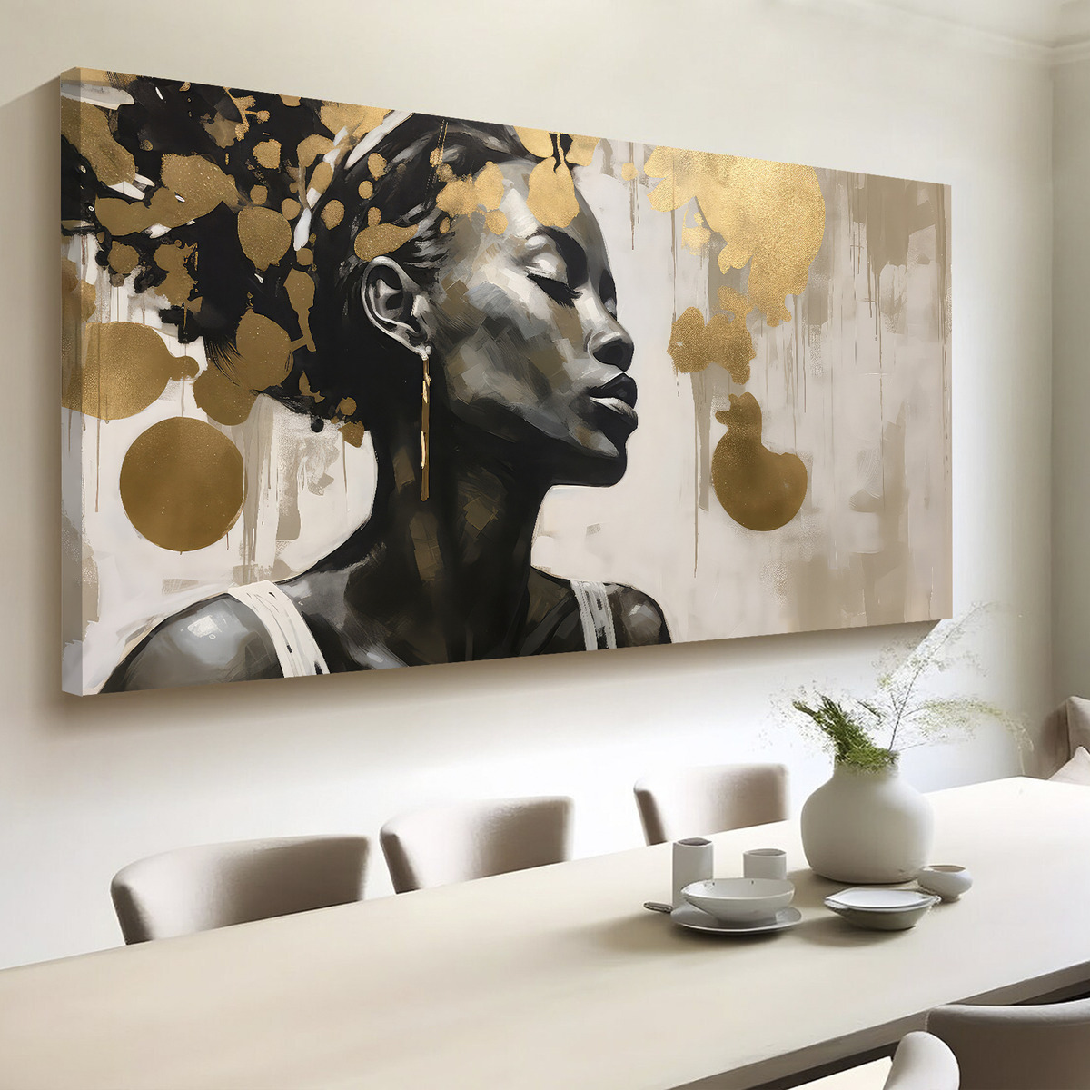 Cuadro Decorativo Boho Mujer Etnico Dorado Canvas 160x70cm