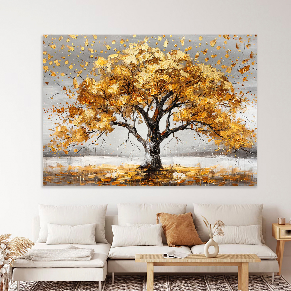 Cuadro Árbol Dorado Flores Blancas Hd Canvas Grueso 110x70cm