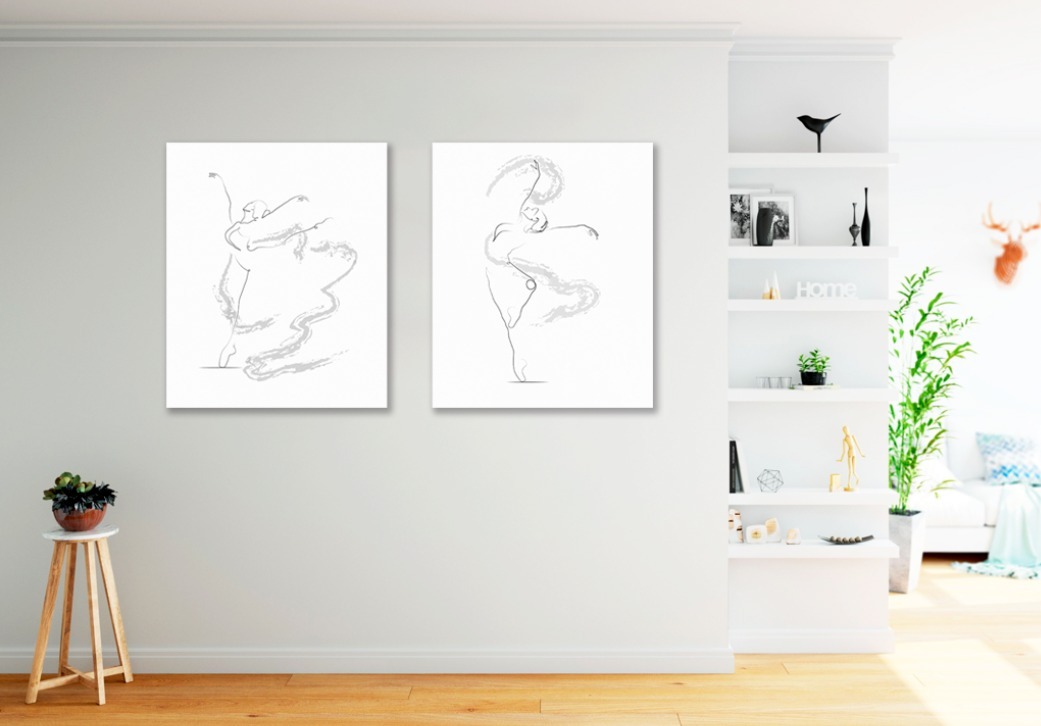 Foto 3 | 2 Cuadros Bailarinas Ballet Minimalistas En Lienzo Canvas Color Blanco/negro Armazón Bastidor