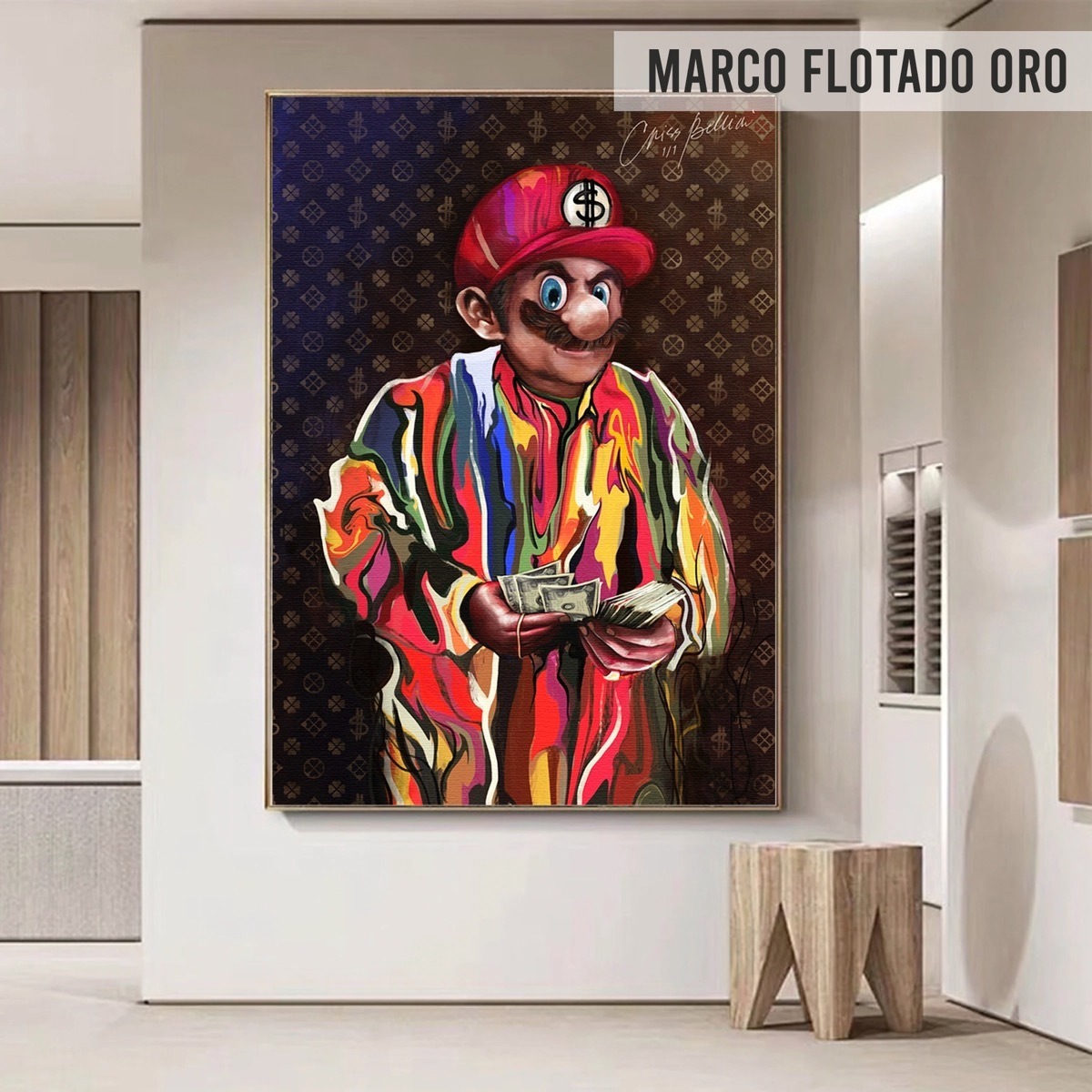 Foto 4 pulgar | Cuadro Mario Bros Money Graffiti Canvas Premium Pop 140x100