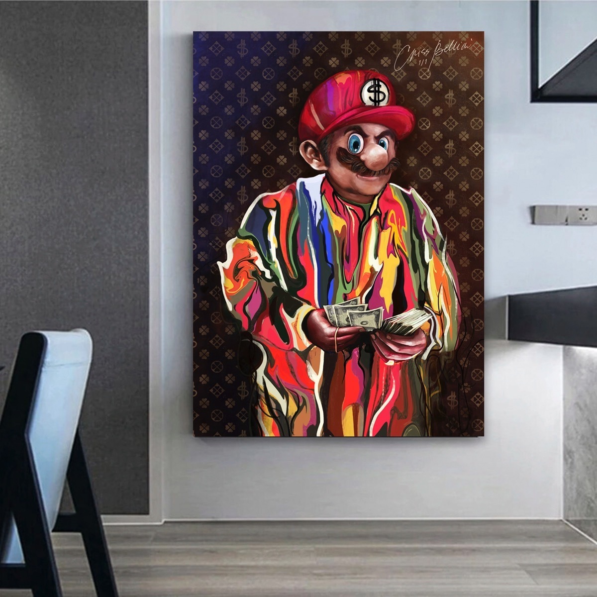 Foto 6 pulgar | Cuadro Mario Bros Money Graffiti Canvas Premium Pop 140x100