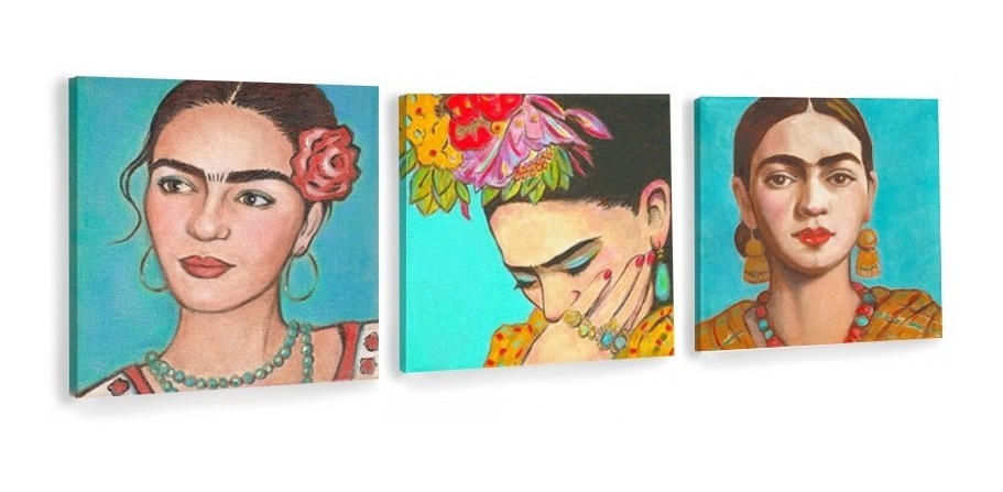 Tríptico Cuadros Decorativos Frida Kahlo En Lienzo Canvas Color Multicolor Armazón Bastidor