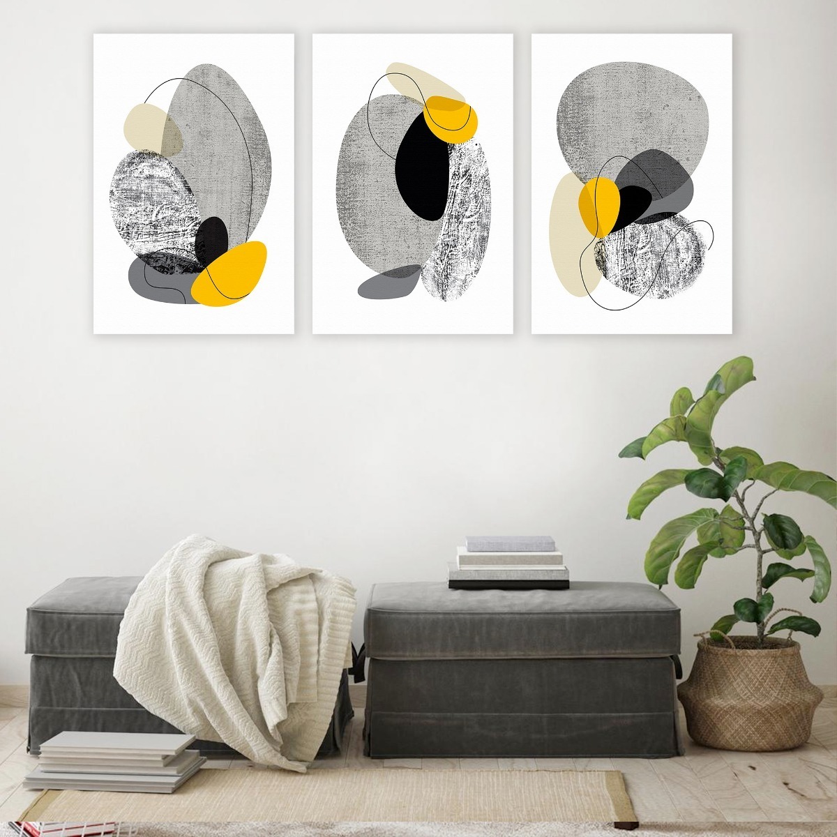 Foto 2 pulgar | Set Cuadros Decorativos Abstractos Amarillo Gris Canvas Mate