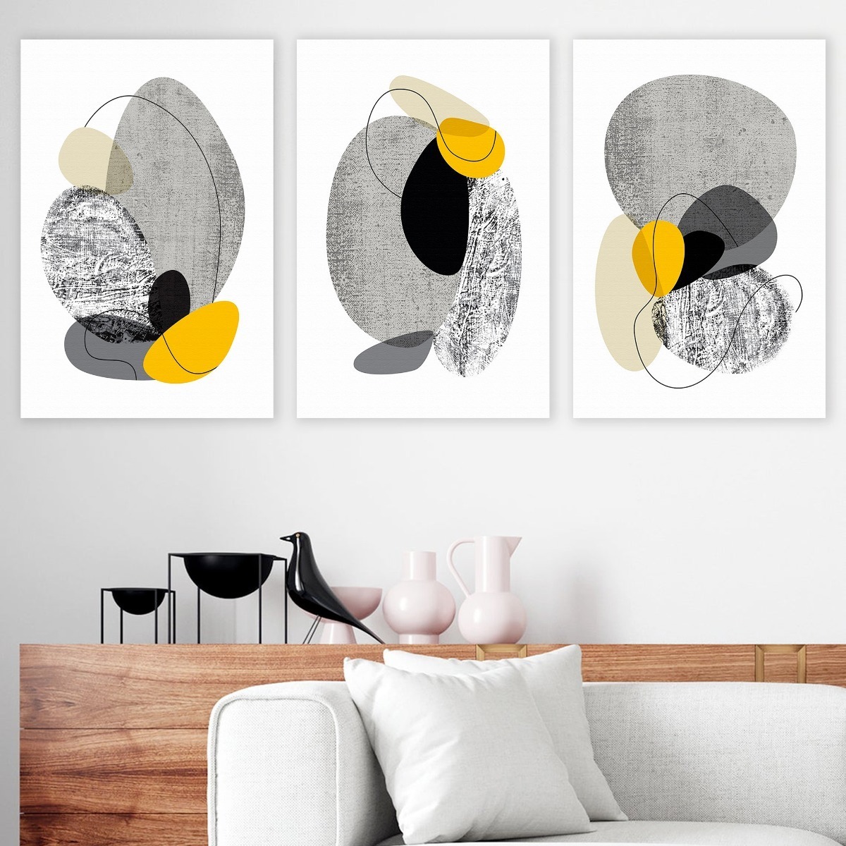 Foto 2 | Set Cuadros Decorativos Abstractos Amarillo Gris Canvas Mate