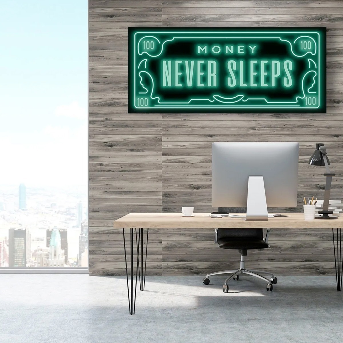 Foto 3 pulgar | Cuadro Decorativo Canvas Money Never Sleeps 42x100 Con Marco