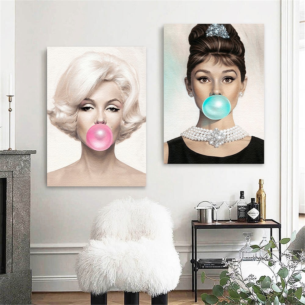 Foto 3 pulgar | Set Cuadros Marilyn Monroe Y Audrey Hepburn Bubble Gum Chicl