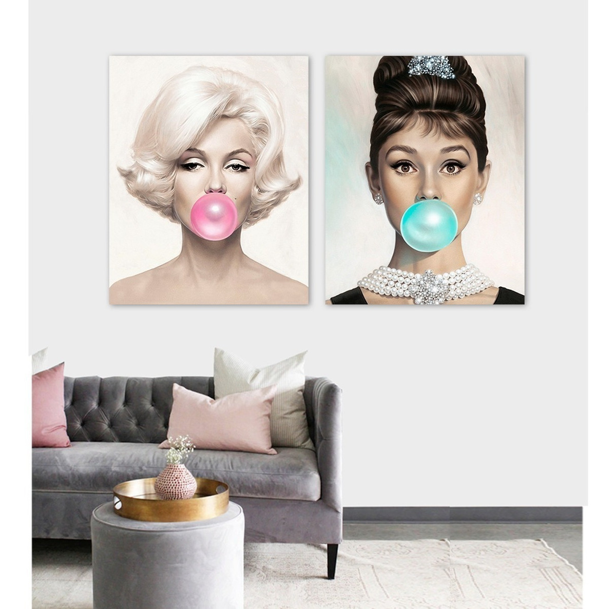 Foto 5 pulgar | Set Cuadros Marilyn Monroe Y Audrey Hepburn Bubble Gum Chicl