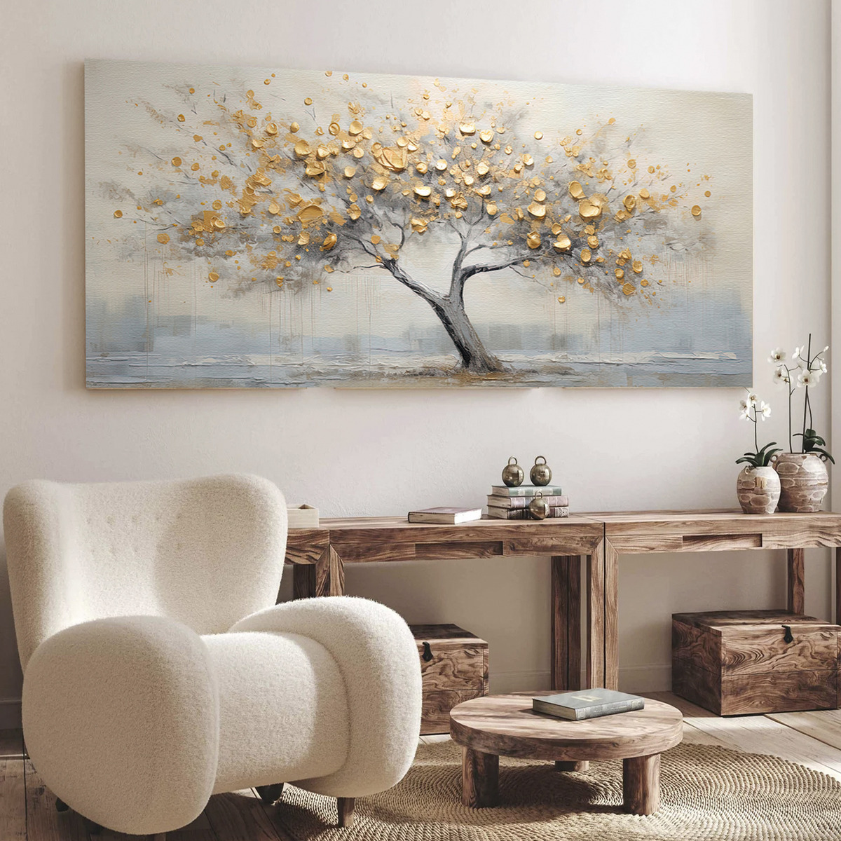 Cuadro Decogaleria Arbol Dorado Abstracto Moderno 140x70 Cm.