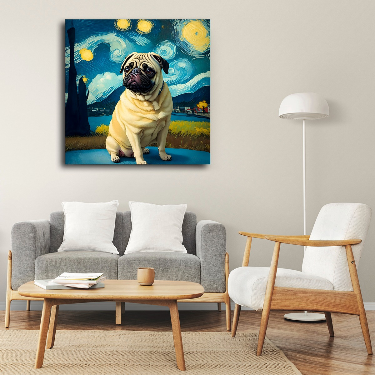 Foto 2 pulgar | Cuadro Perro Pug Noche Estrellada Canvas Grueso 50x50cm Color Multicolor Armazón Bastidor De Madera