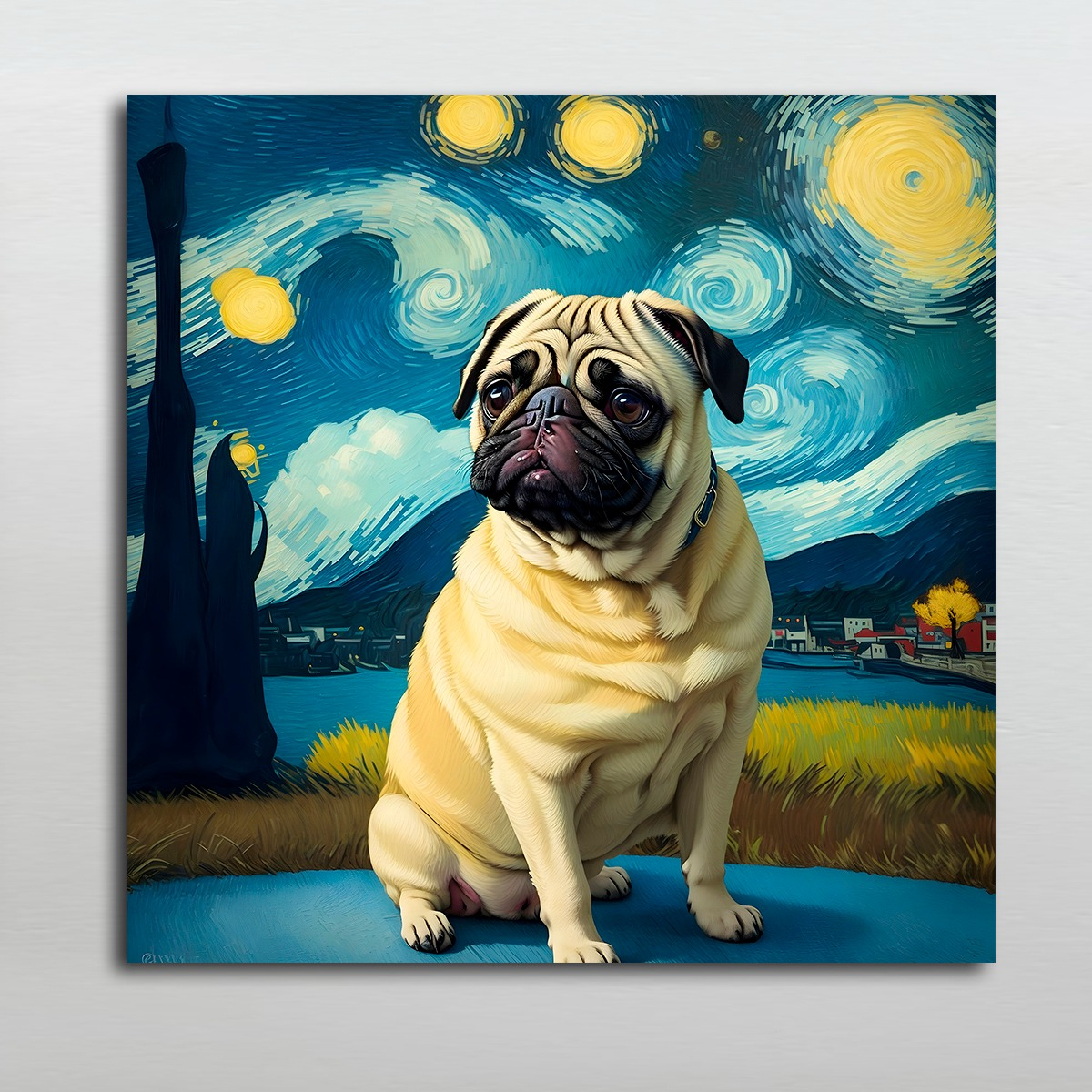 Foto 3 pulgar | Cuadro Perro Pug Noche Estrellada Canvas Grueso 50x50cm Color Multicolor Armazón Bastidor De Madera