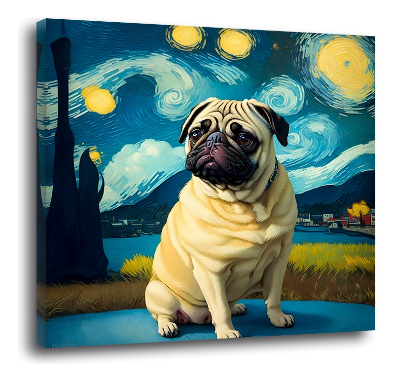 Foto 4 pulgar | Cuadro Perro Pug Noche Estrellada Canvas Grueso 50x50cm Color Multicolor Armazón Bastidor De Madera