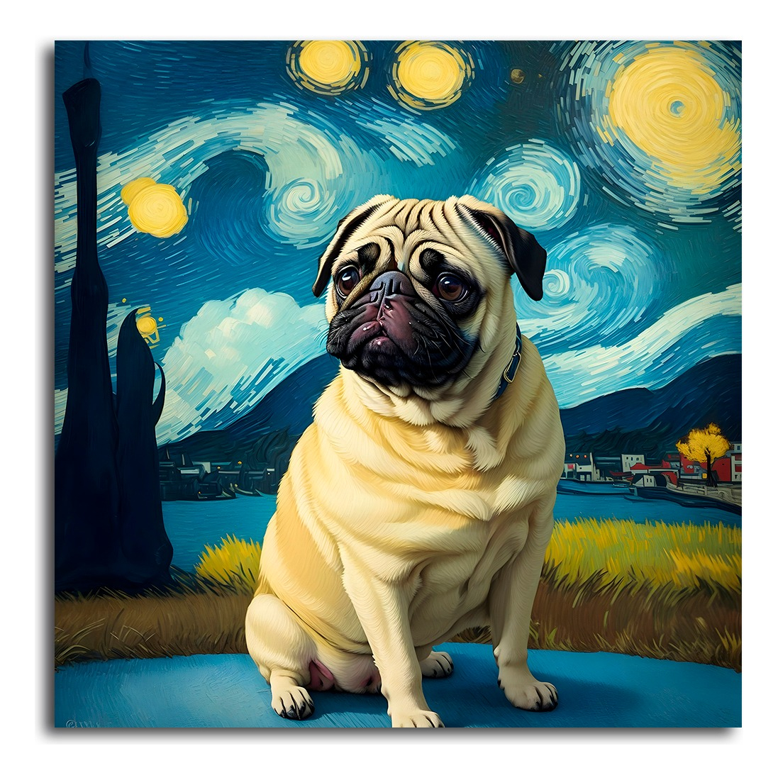 Foto 6 pulgar | Cuadro Perro Pug Noche Estrellada Canvas Grueso 50x50cm Color Multicolor Armazón Bastidor De Madera