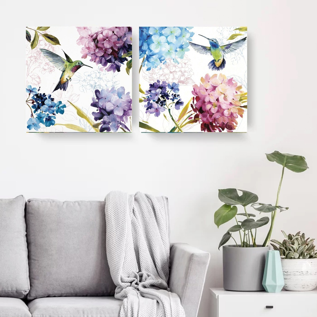 Foto 4 pulgar | Cuadros En Lienzo Canvas Colibrí Y Flores Acuarela Set 2 Pz