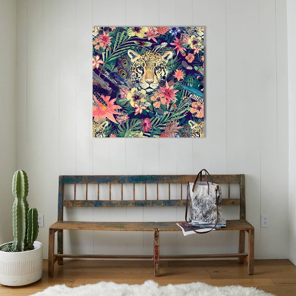 Foto 3 pulgar | Cuadros Animales Decorativos En Canvas Floral Tigre Pantera Armazón Bastidor