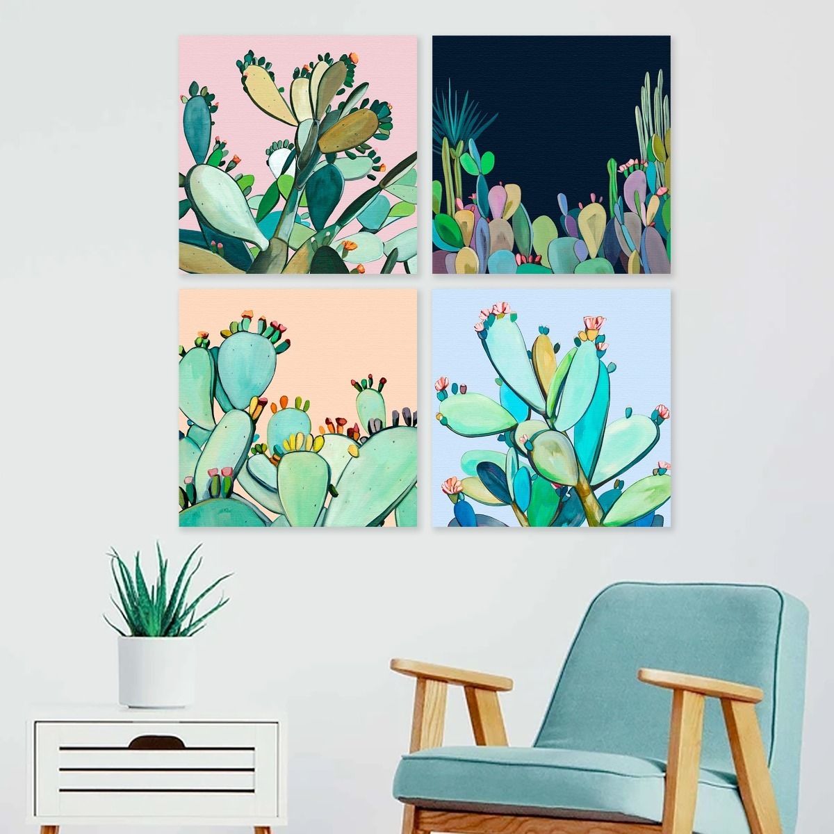 Foto 2 | Cuadro Canvas De Cactus Plantas Acuarelas Modernos Flores Color Multicolor Armazón Bastidor