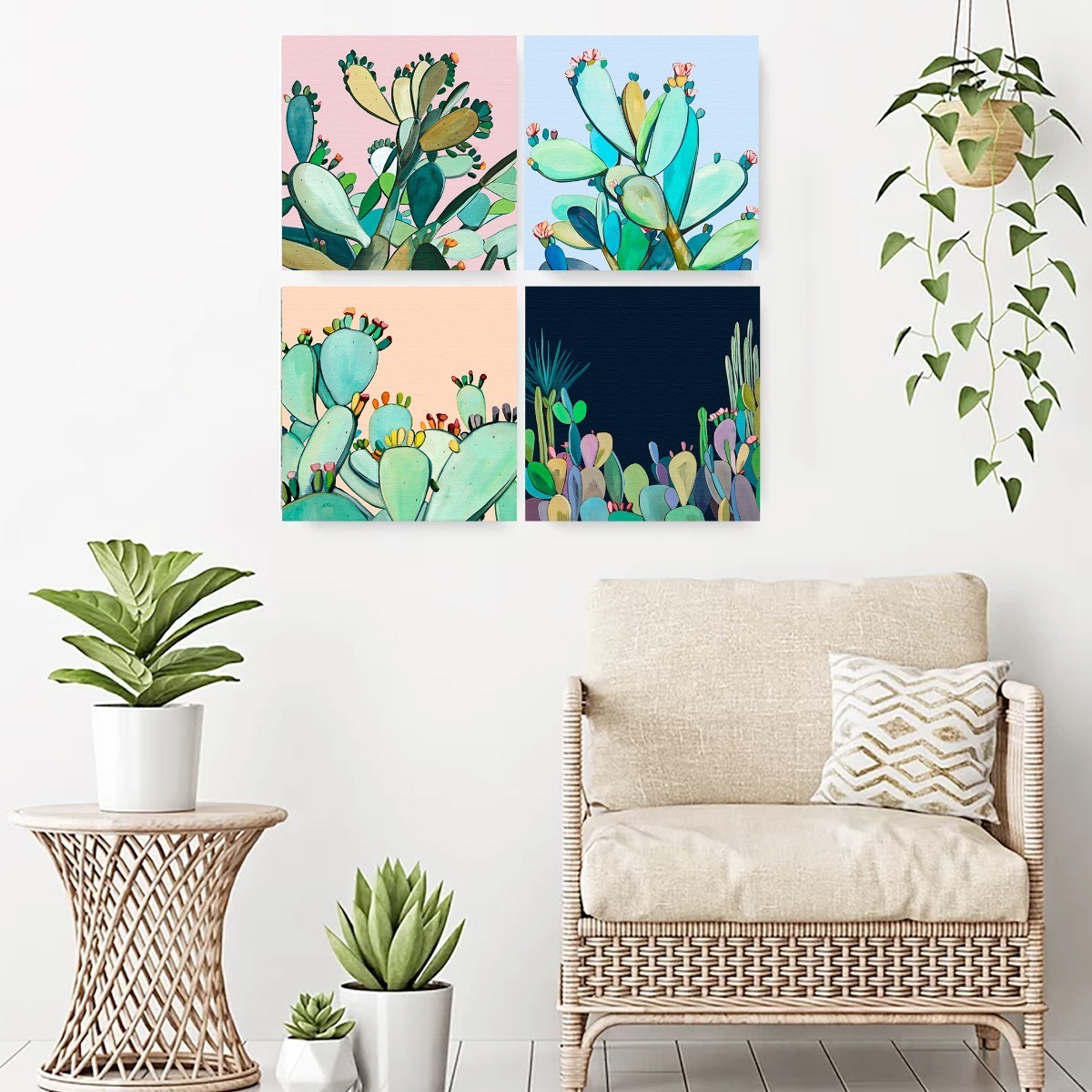Foto 5 pulgar | Cuadro Canvas De Cactus Plantas Acuarelas Modernos Flores Color Multicolor Armazón Bastidor