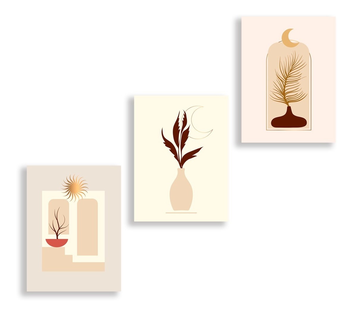 Set 3 Cuadros Flores Moderno Sol Y Luna Tierra Elegante Boho